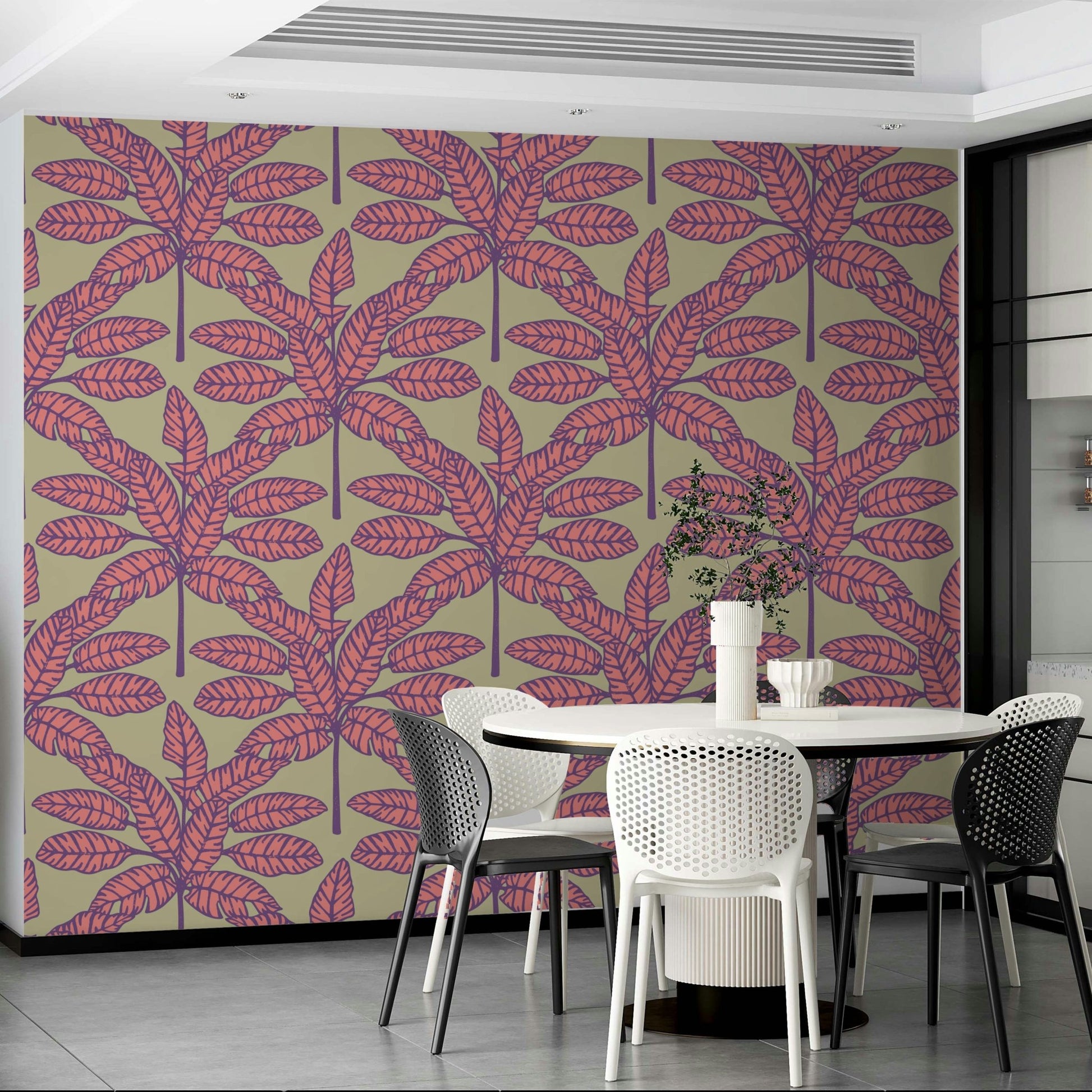 Retro Mid Century style with tropical leaf patterns in pink and purple

