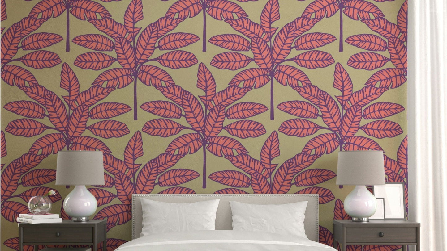Pink and purple tropical leaf design on cream background wallpaper

