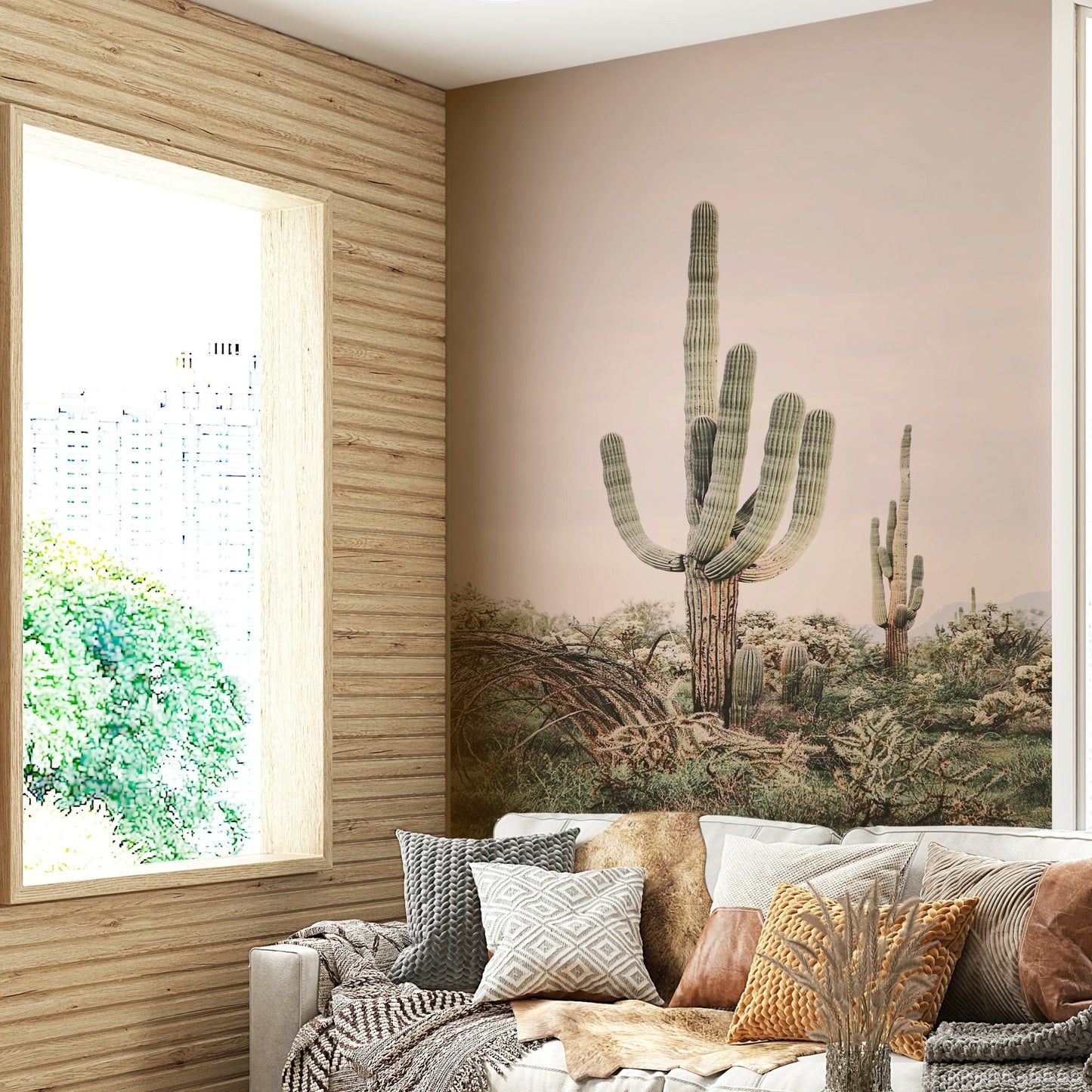Majestic desert mural featuring dunes and golden hues

