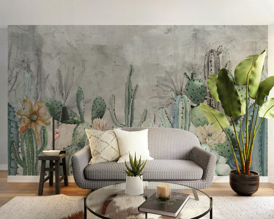 Green cactus in desert wallpaper mural A405
