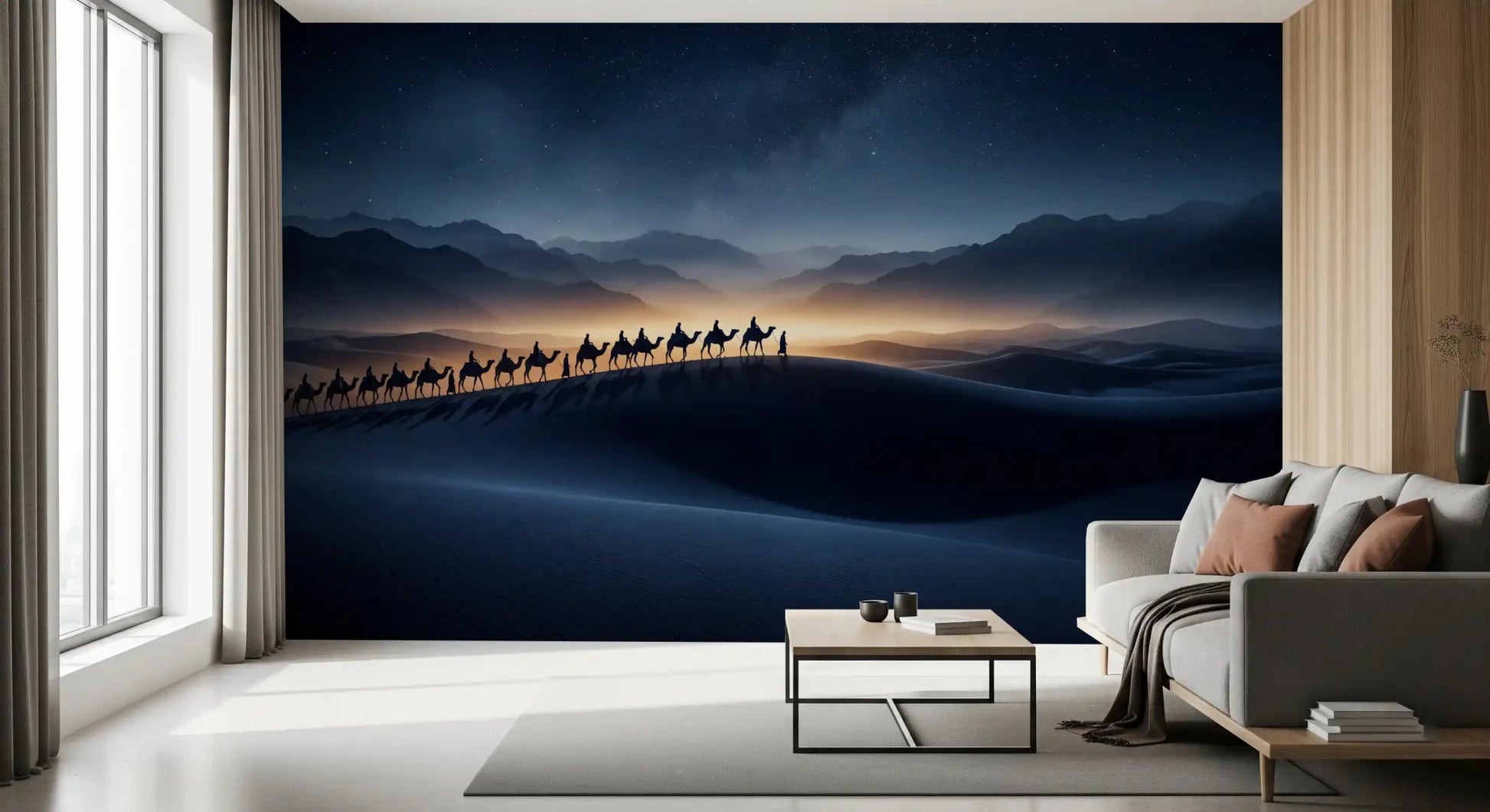 Open living lights up softly with the moonlit caravan wall mural