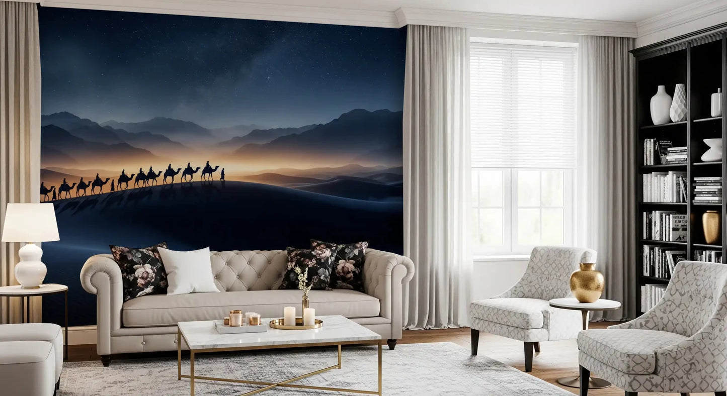 Living room sinks into a starry desert mood with this scenic wall muralGD9565
