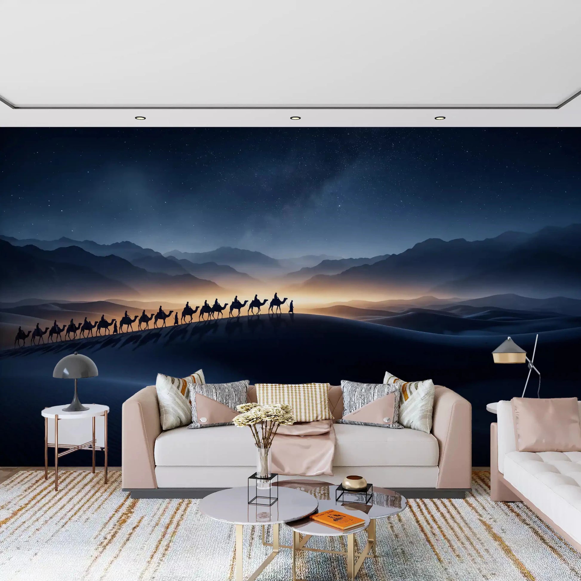 Golden horizon glow casts long silhouettes through this camel caravan wall muralGD9565