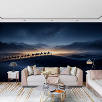 Golden horizon glow casts long silhouettes through this camel caravan wall muralGD9565