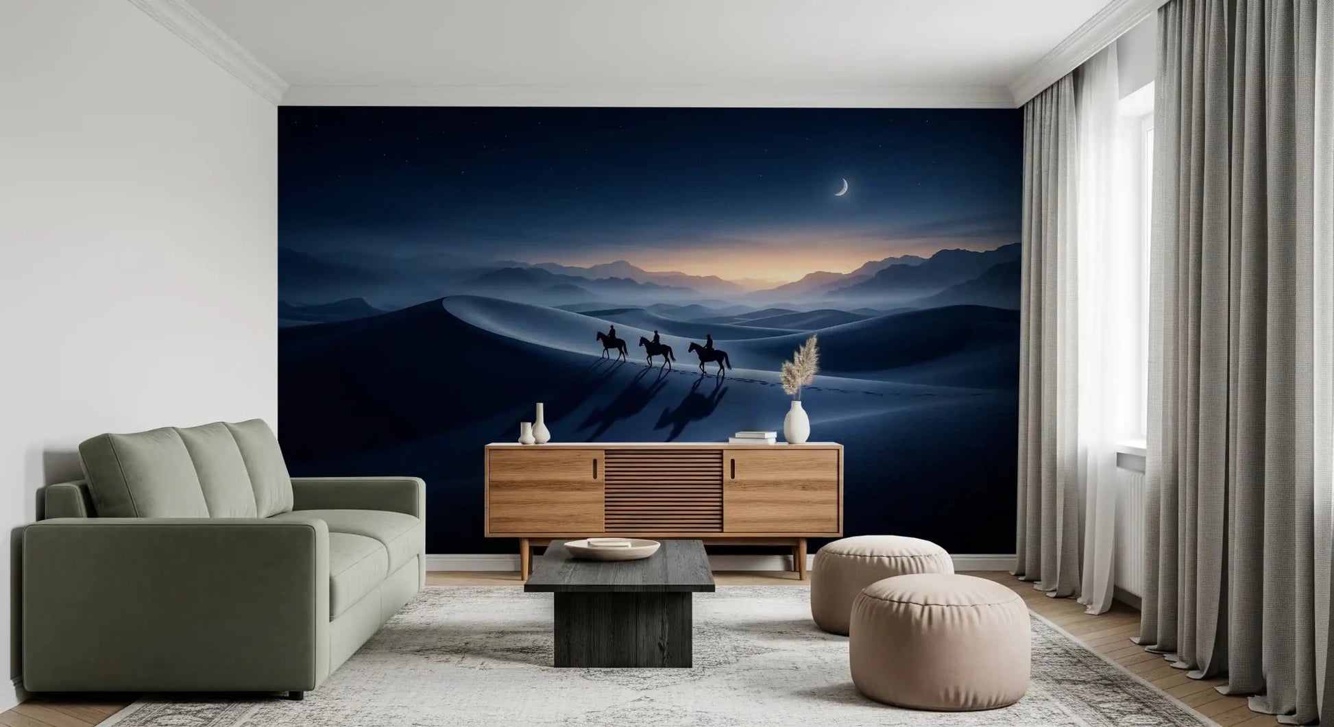 Crescent moon hangs over distant peaks in this twilight desert wall mural.GD9592