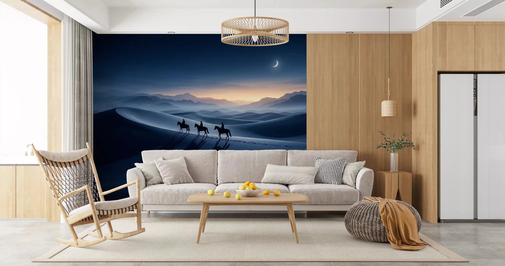 A relaxed living room turns moody alongside this riders horizon wall mural.GD9592
