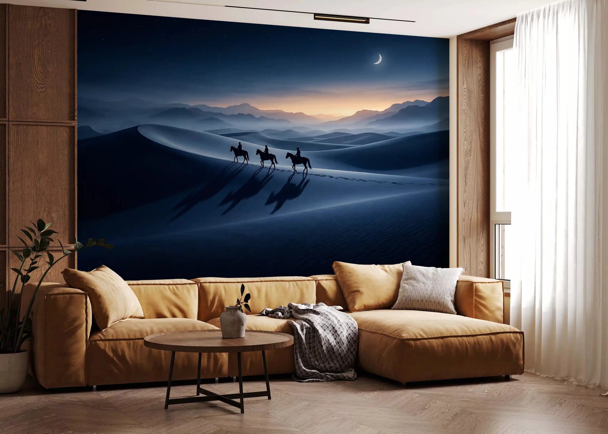 Twilight Desert Riders Wall Mural Under a Crescent Moon