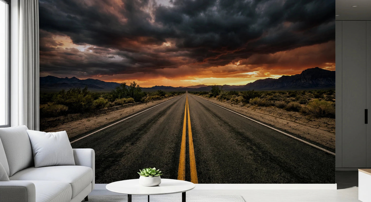 Office wall finished in Desert Road Dusk wall mural with mountain landscape view