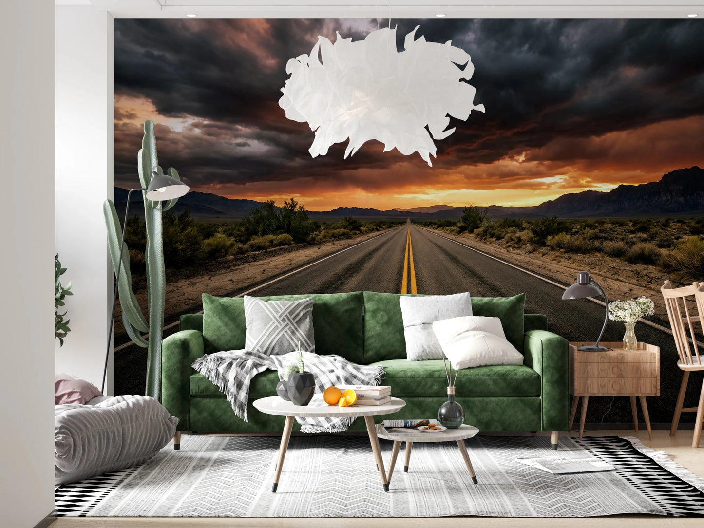 Desert Road Dusk Wall Mural showing a long highway beneath moody evening clouds