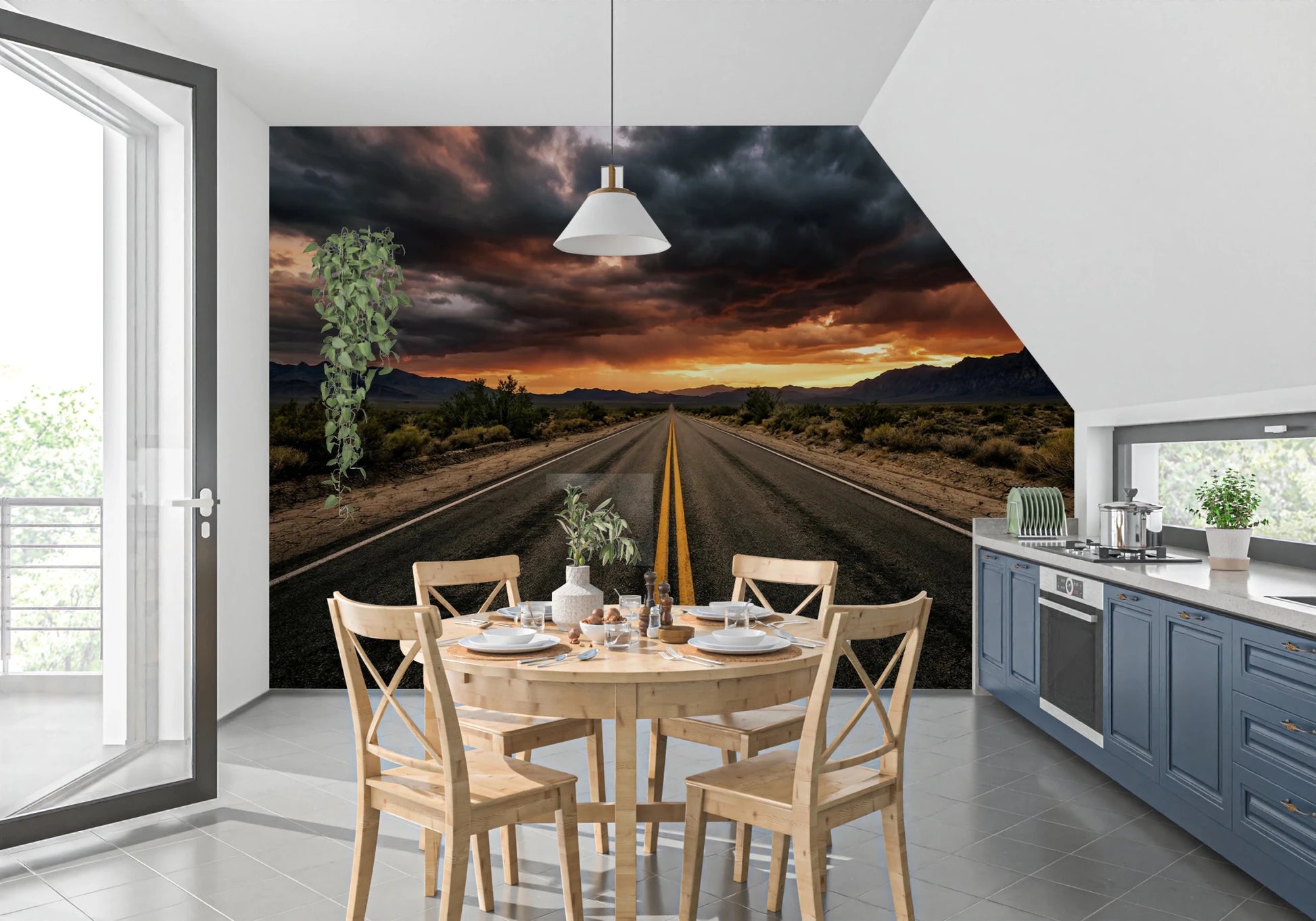 Desert dusk mural with centered road perspective and dramatic open-sky depth