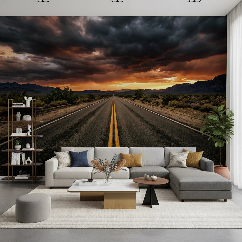 Road landscape wall mural with storm clouds and warm sunset color contrast