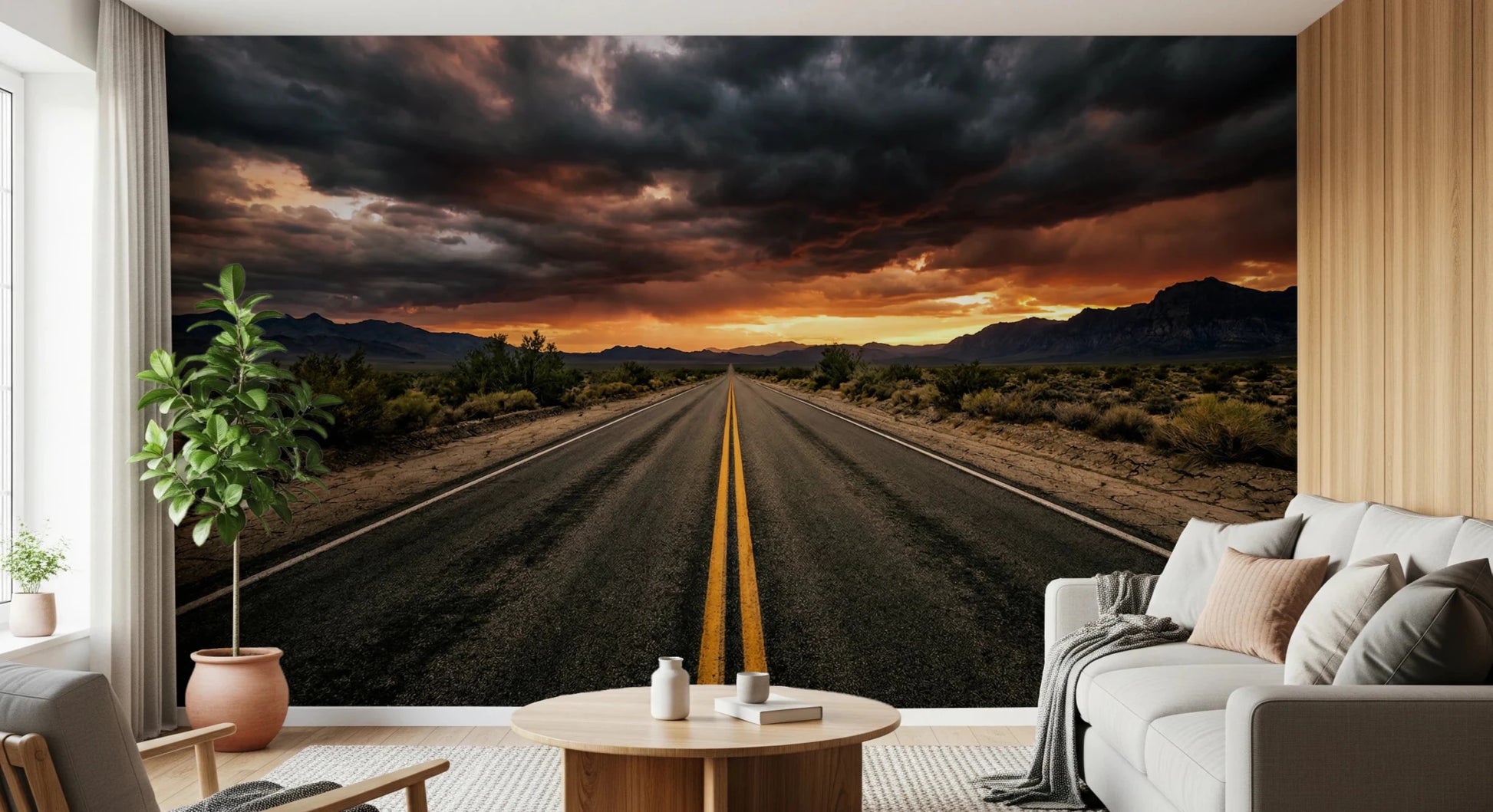 Sunset desert wall mural with straight road lines and glowing orange horizon light