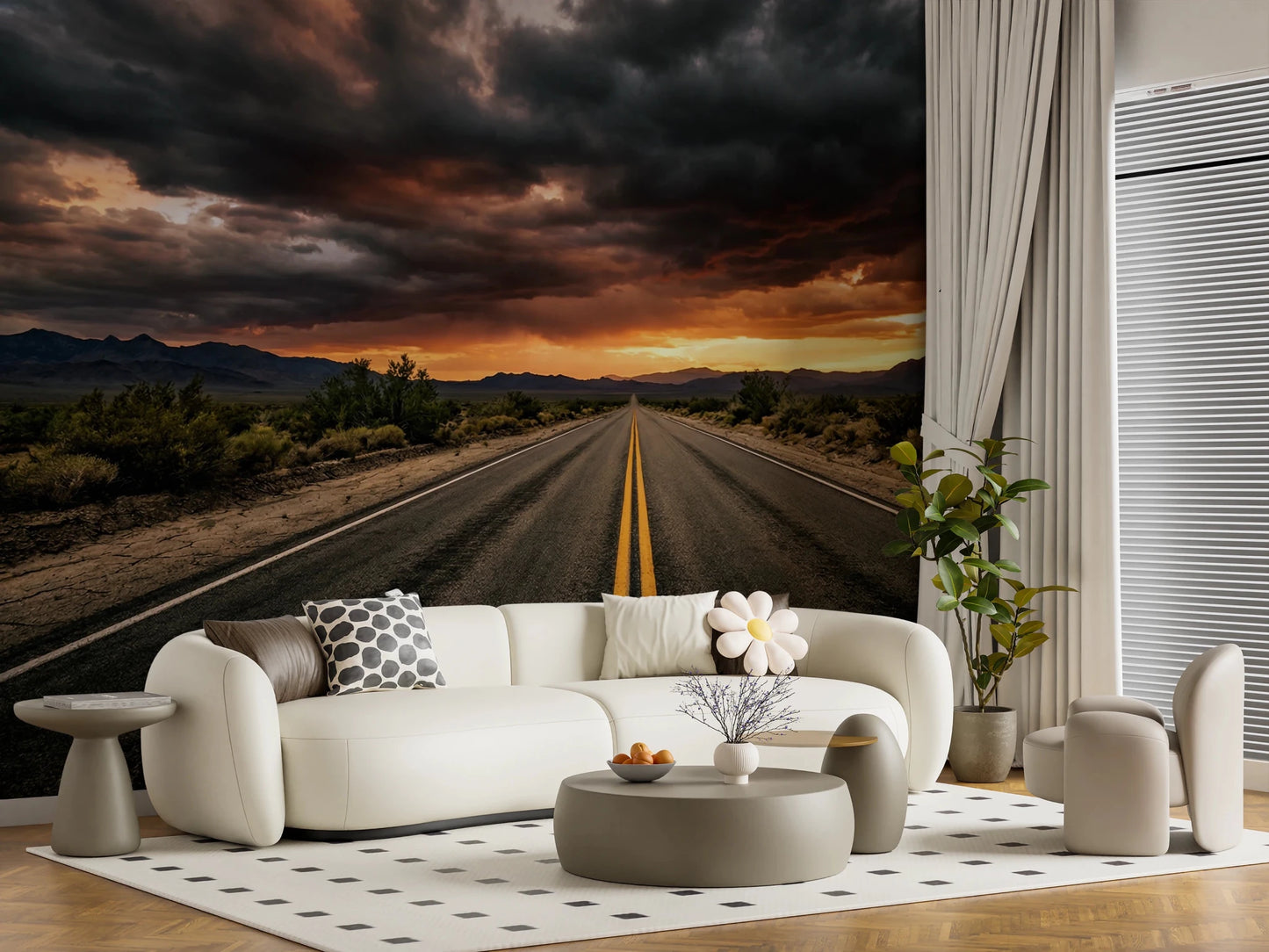 Hallway featuring Dusk Wall Mural with an open desert road and stormy sky