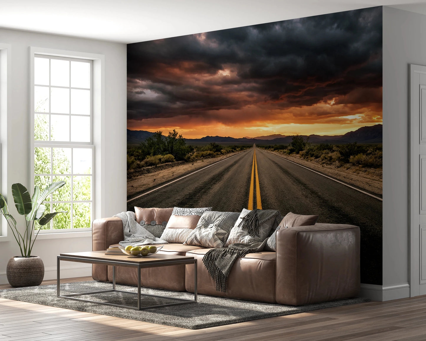 Desert Road Dusk wall mural in a living room with dramatic highway sunset scene