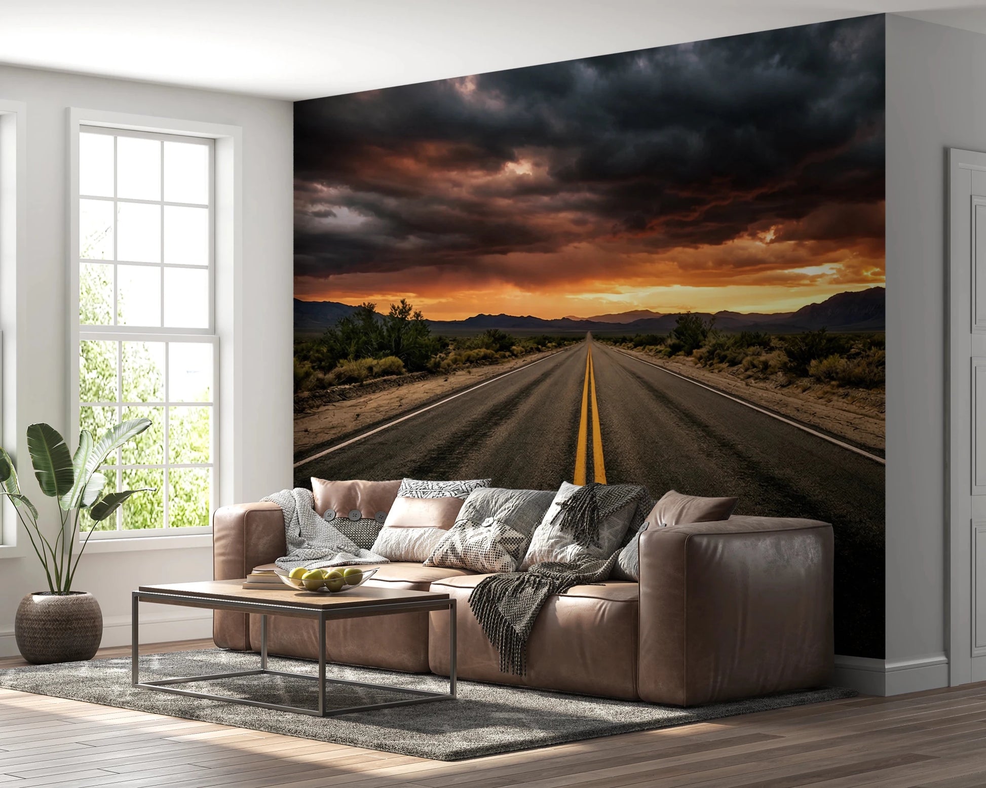 Desert Road Dusk wall mural in a living room with dramatic highway sunset scene