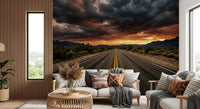 Desert Road mural with rugged mountain edges and a dark cinematic sky