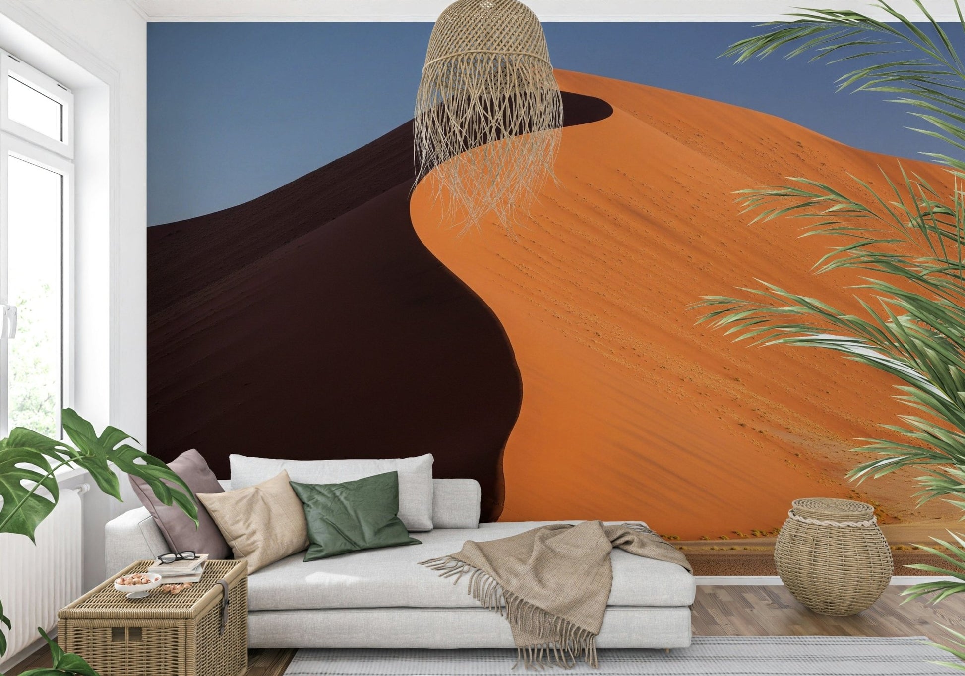 Minimalist landscape wallpaper featuring warm sunset tones for living room décor