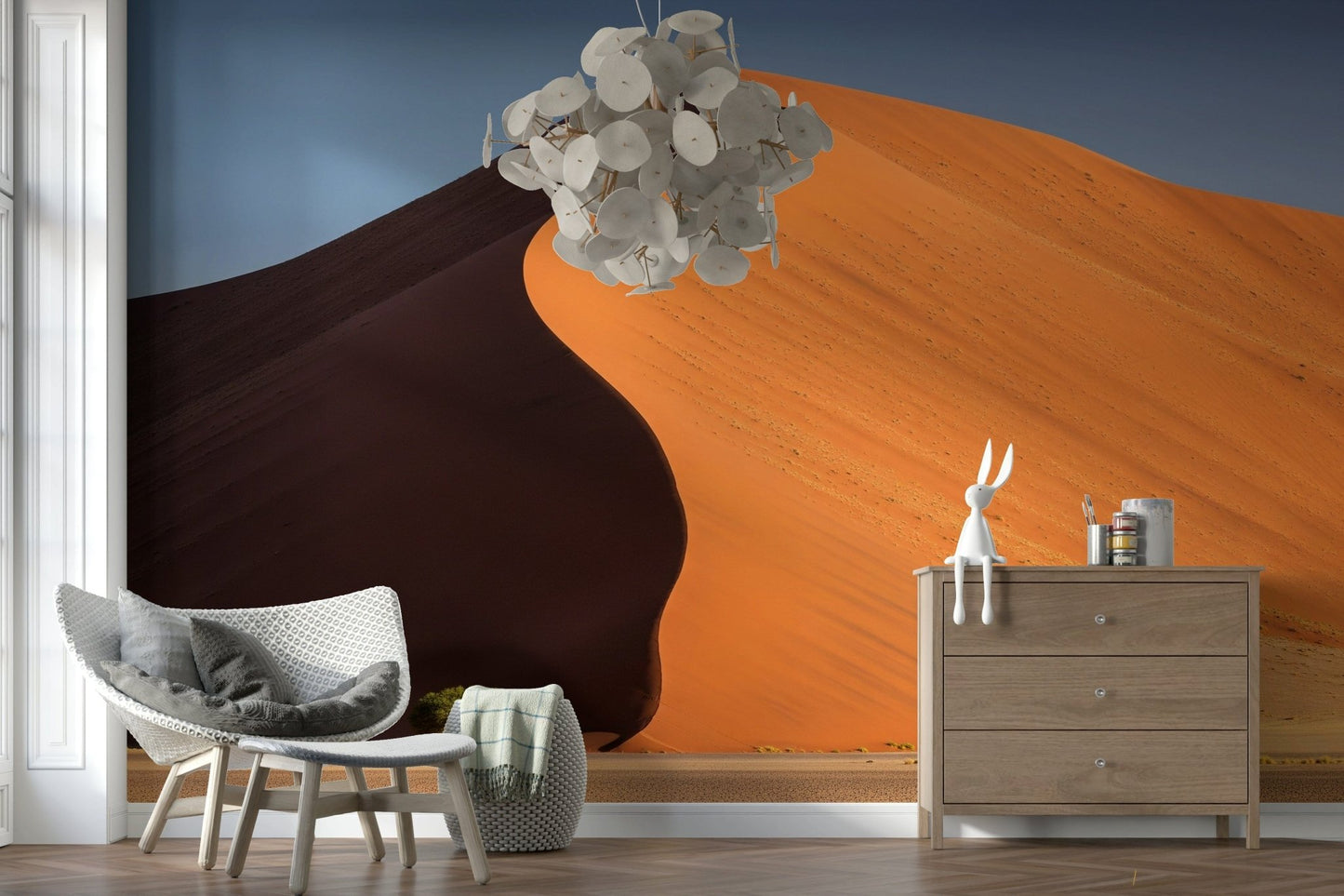 Scenic desert horizon wallpaper in a minimalist lounge with wooden furniture