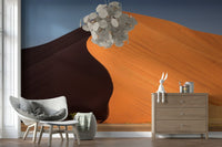 Scenic desert horizon wallpaper in a minimalist lounge with wooden furniture