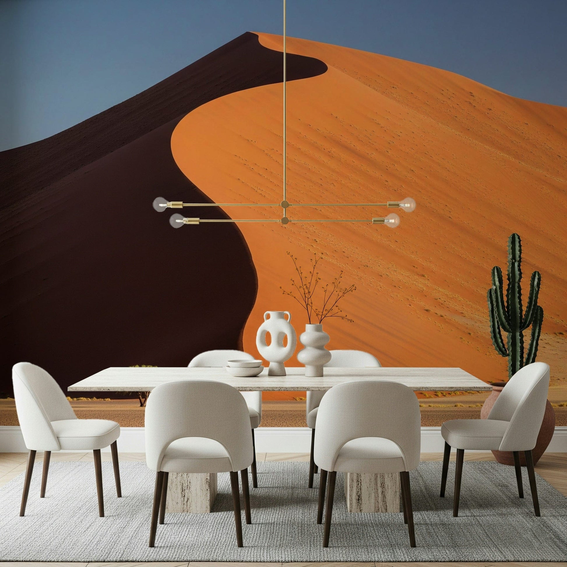 Desert Serenity wall mural with beige sand dunes in a modern bedroom wallpaper