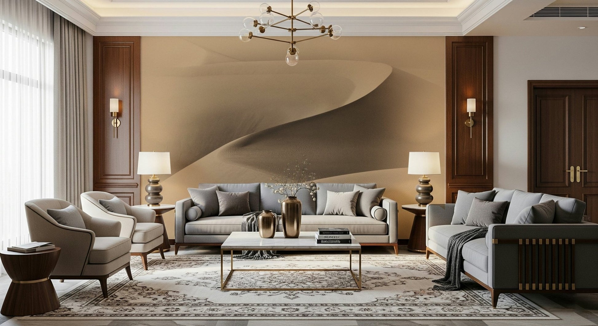 A beautiful wide-angle wall mural of a serene desert view.