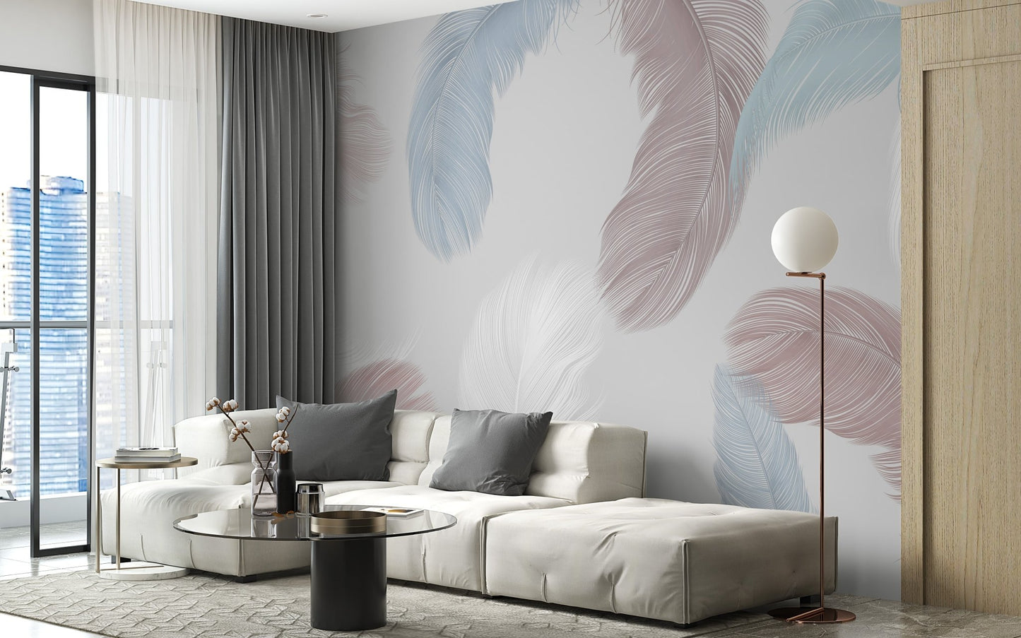 Dynamic feather mural in a colorful palette
