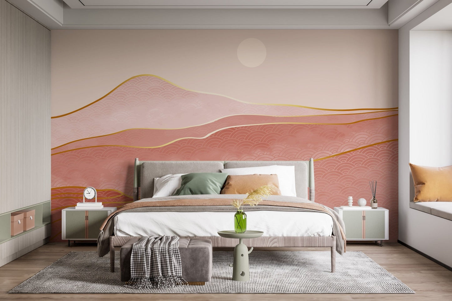 Designer mural featuring pink-gold mountains