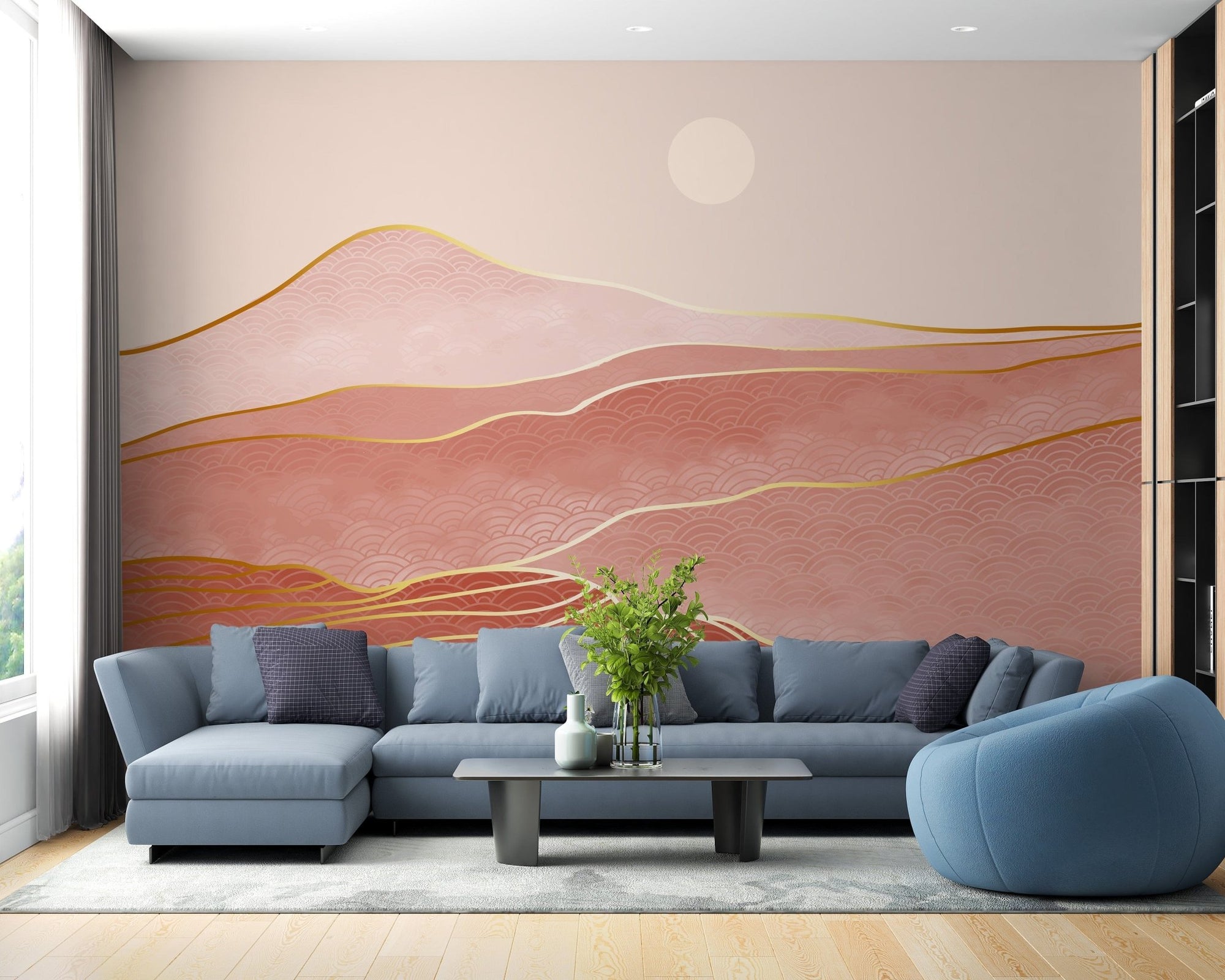Elegant pink and gold mountain wall mural, A139