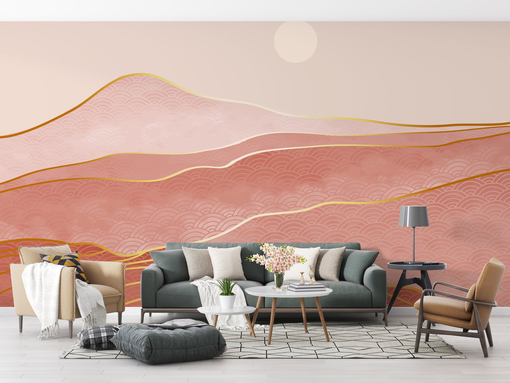 Luxurious mountain wallpaper with gold tones