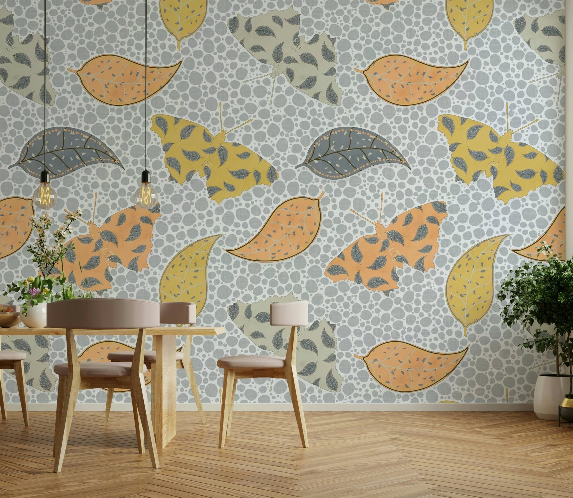 Butterfly and leaf wallpaper design for walls

