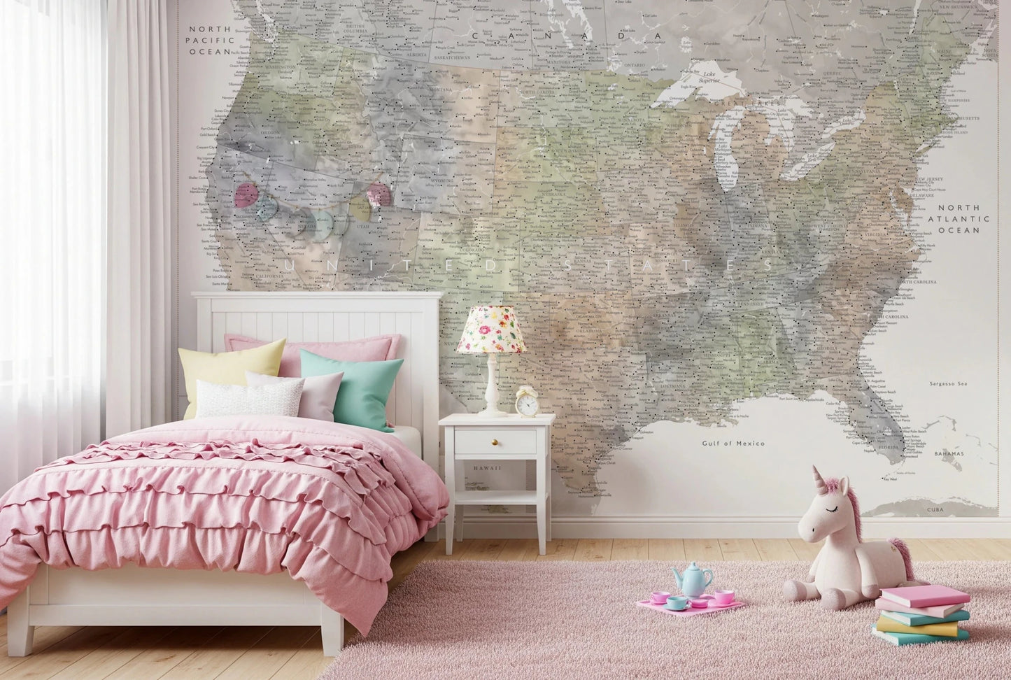 Detailed map of the USA with cities in muted watercolor, HABIKI Wall Mural