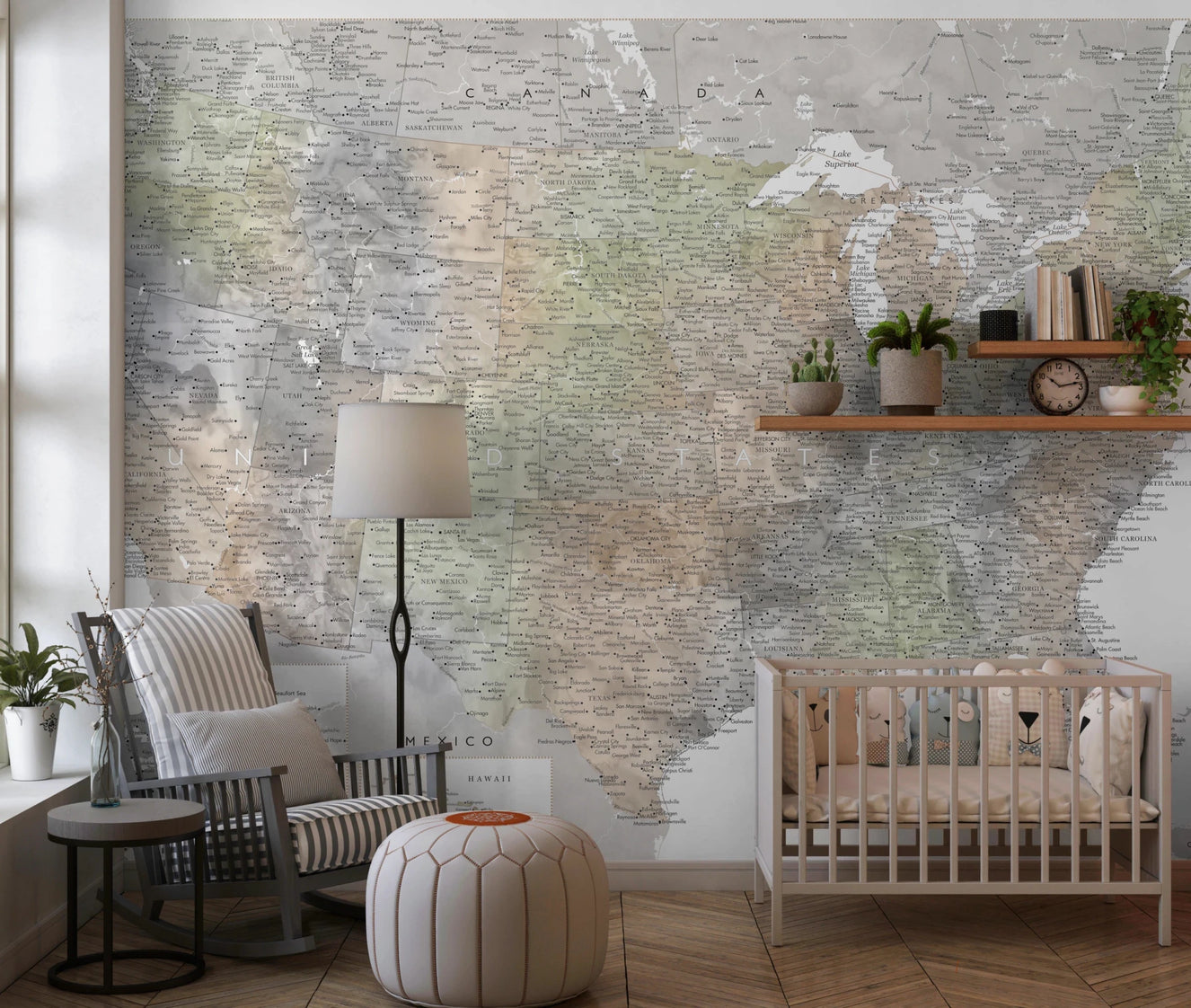 Soft watercolor map mural showing detailed USA regions and states