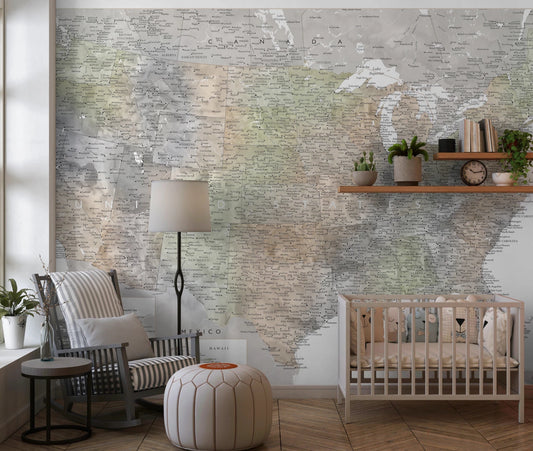 Soft watercolor map mural showing detailed USA regions and states
