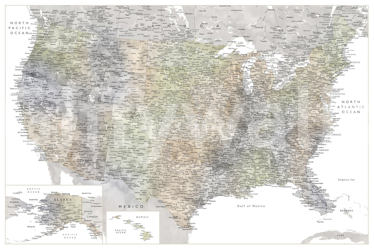Detailed map of the USA with cities in muted watercolor, HABIKI Wall Mural