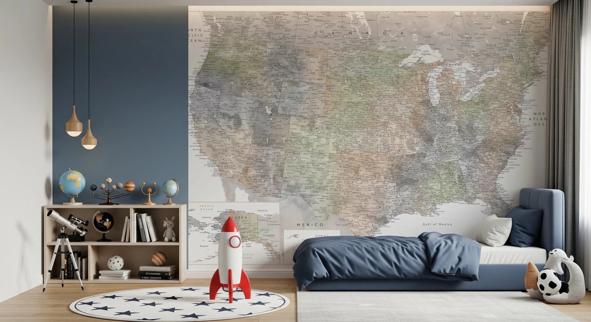 Muted USA map wall mural with labeled cities and watercolor effect, GD8278