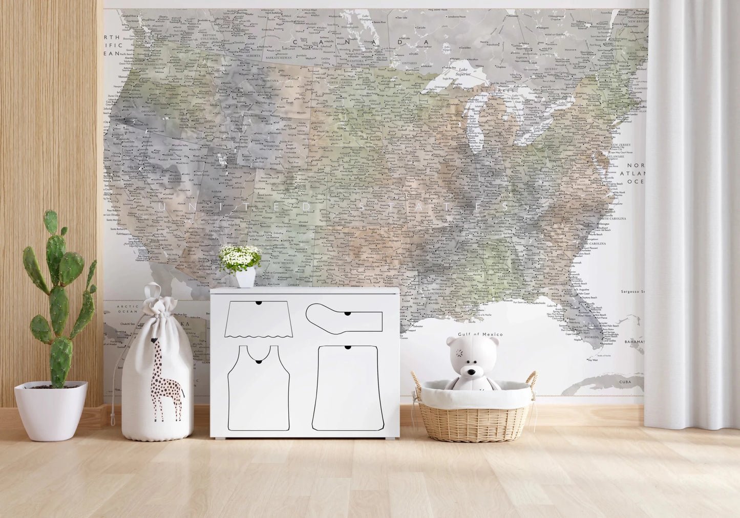 Detailed map of the USA with cities in muted watercolor, HABIKI Wall Mural