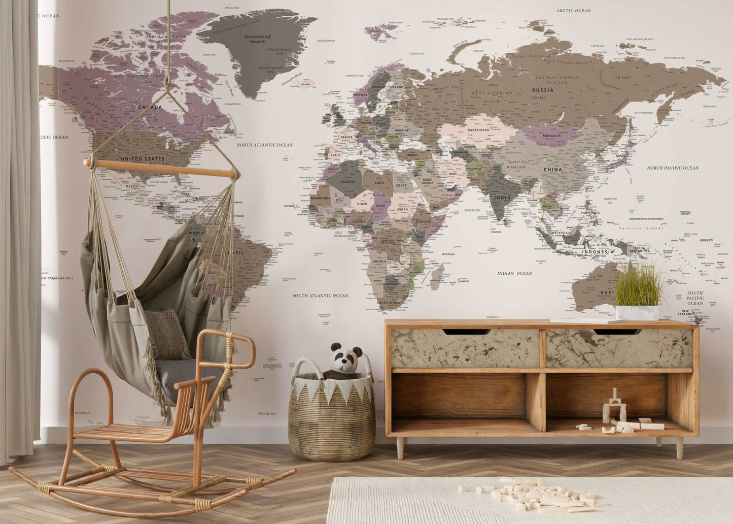 Neutral colored detailed world mural

