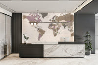 Earth-toned world map wall covering

