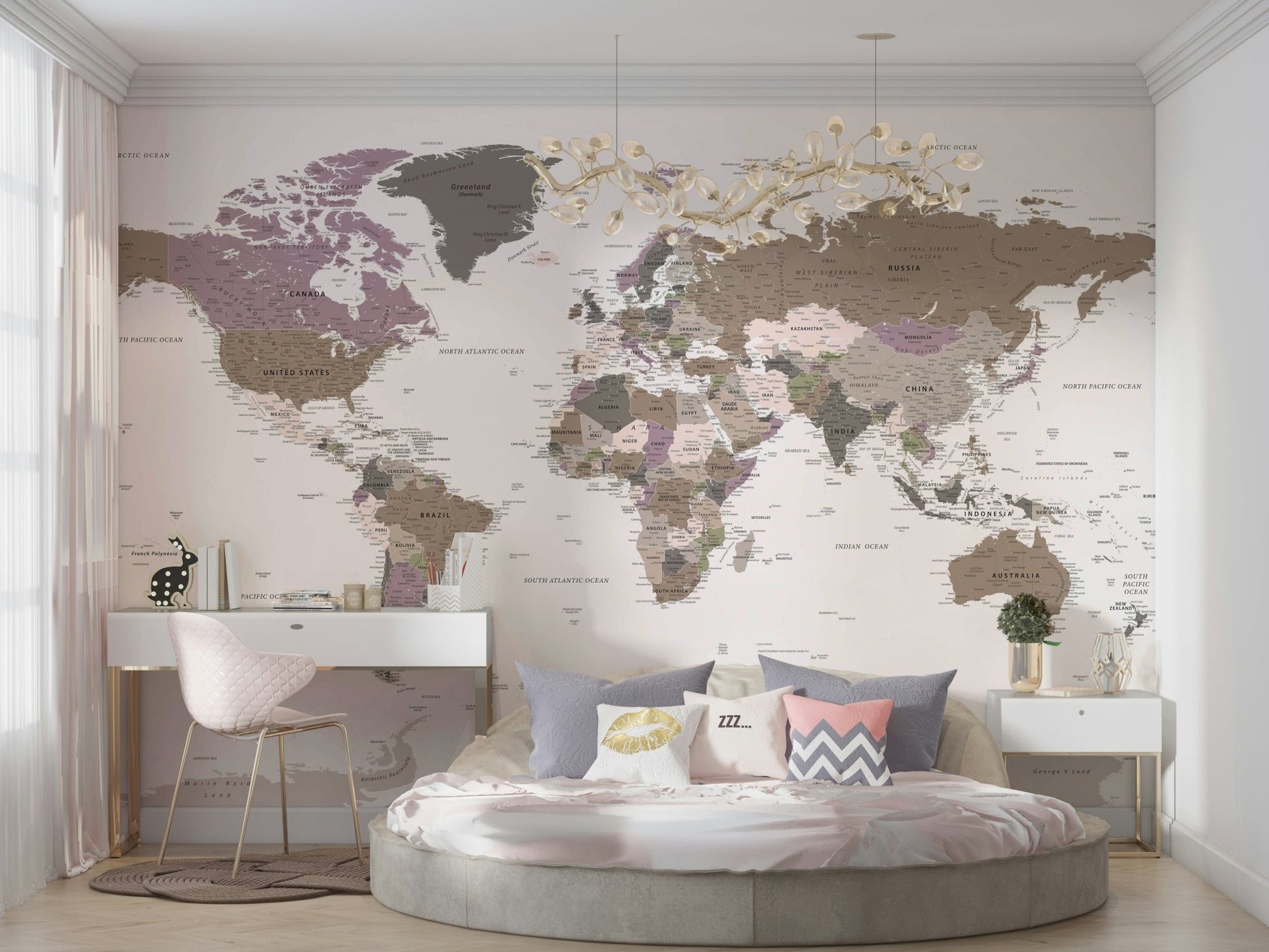 Large world wall mural neutral hues

