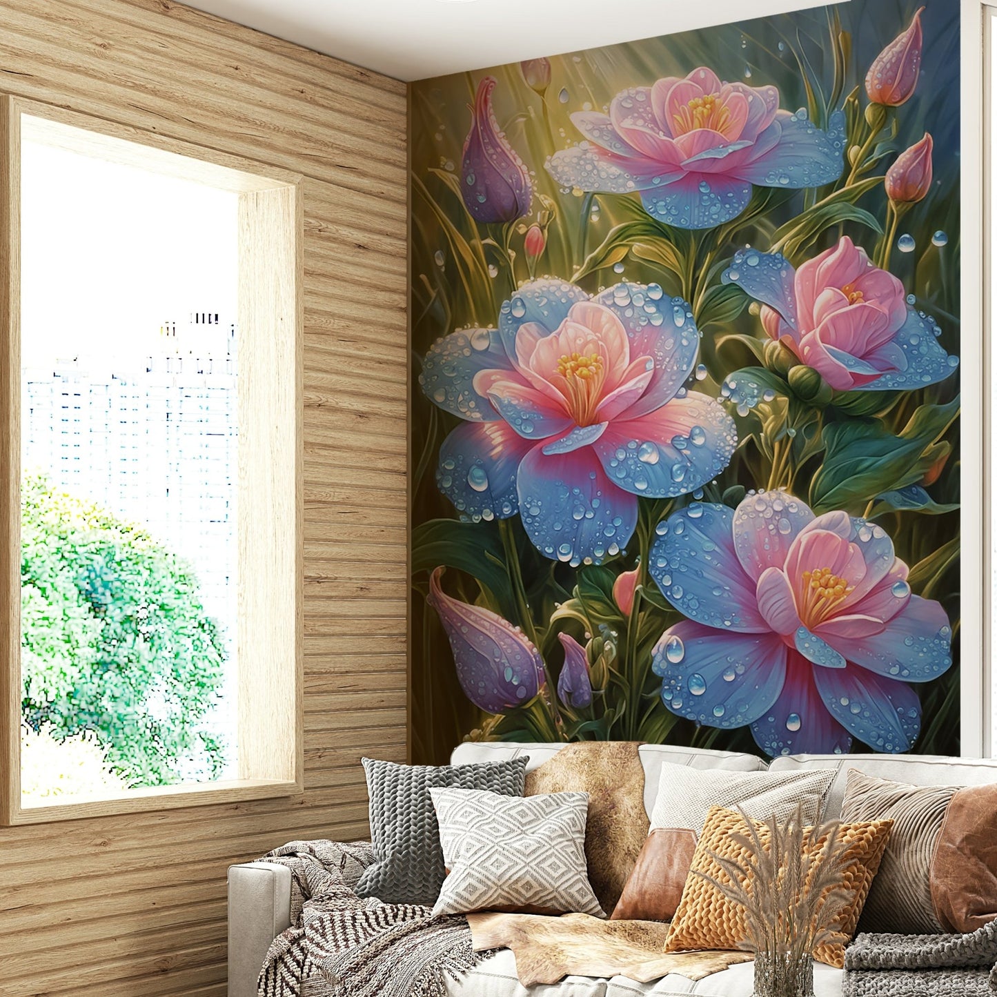 The water droplets glisten in the light.

