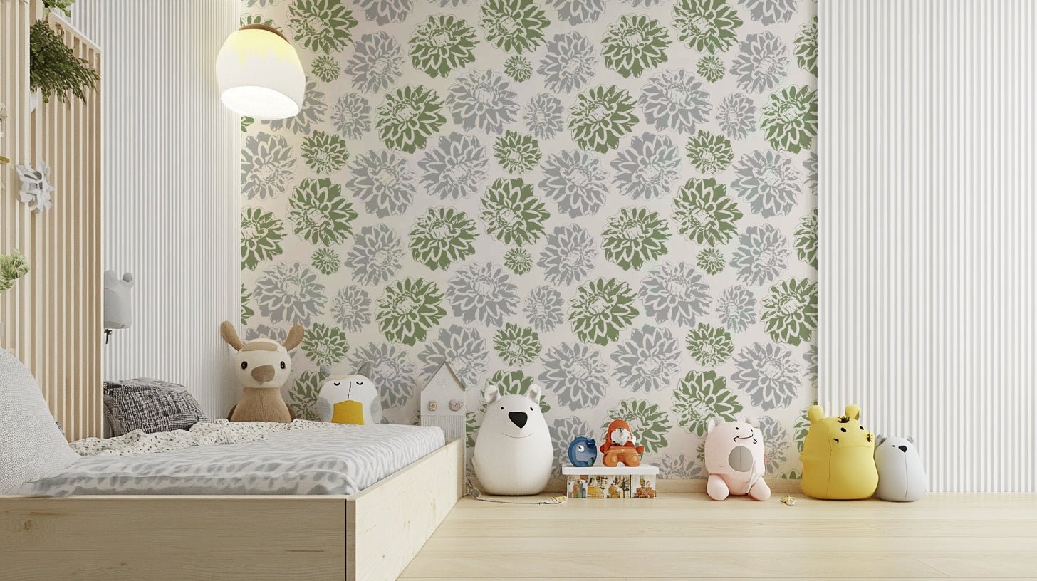 Wallpaper with a mix of green and blue floral motifs.


