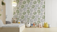 Wallpaper with a mix of green and blue floral motifs.


