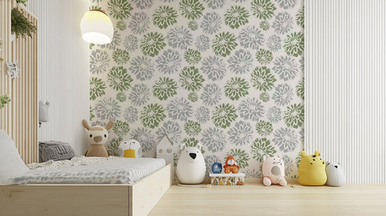 Wallpaper with a mix of green and blue floral motifs. GD3287


