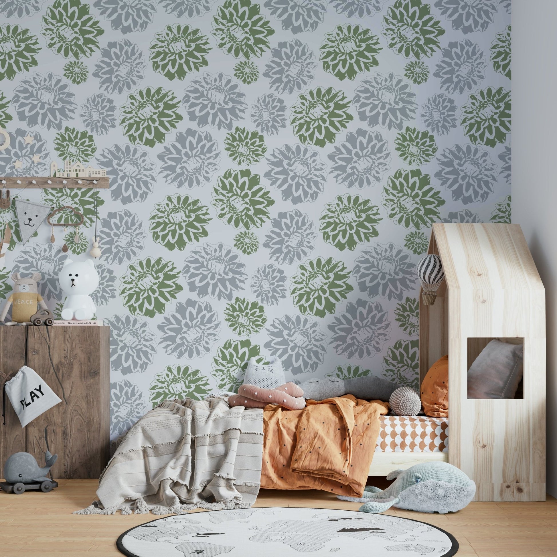 Design featuring dahlias in shades of green and gray/blue.

