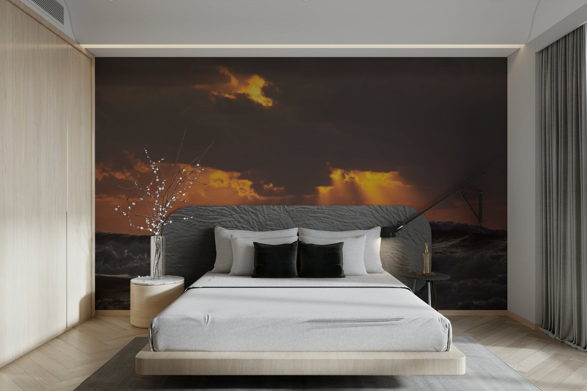 A sophisticated abstract design wall mural in cool, natural tones.

