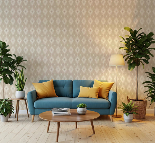Diamond Bloom Wallpaper adds soft beige geometry to a warm modern living room