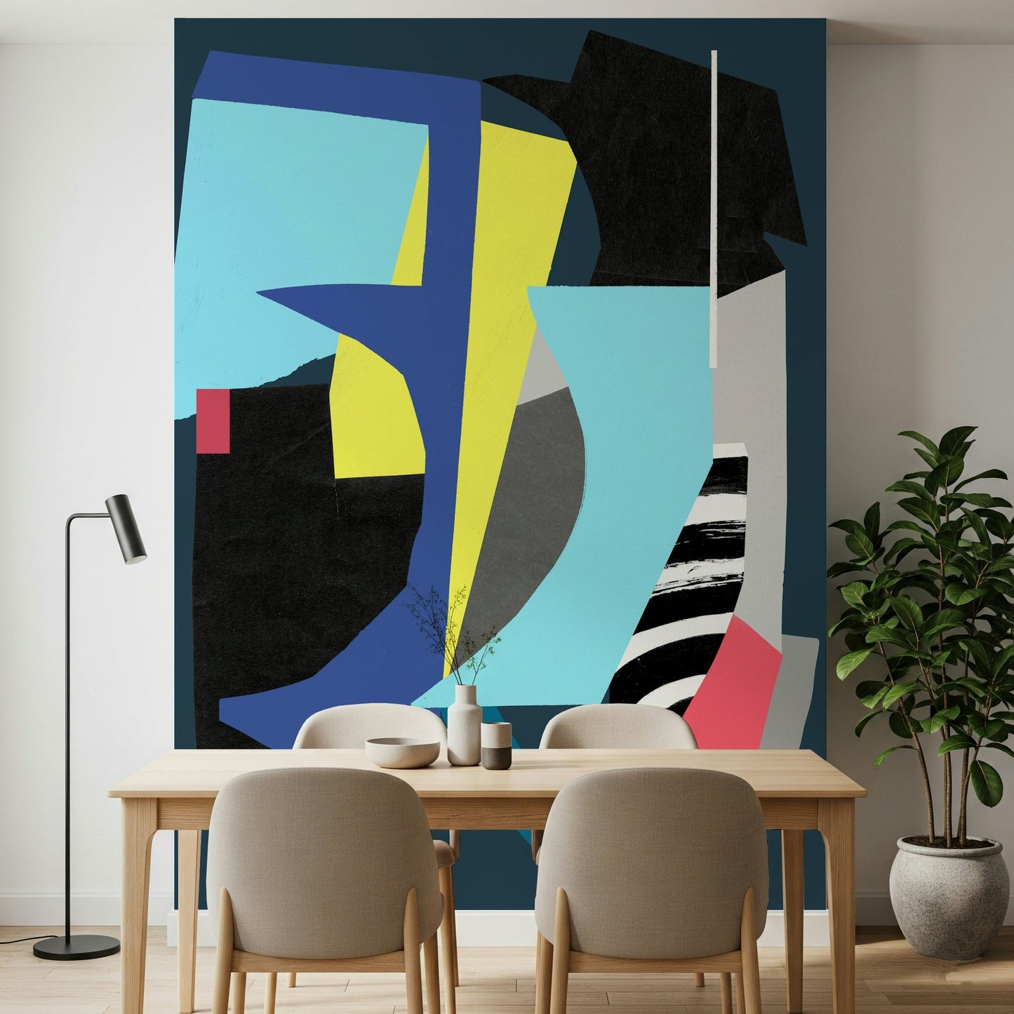 A contemplative geometric design wallpaper mural for a feature wall.