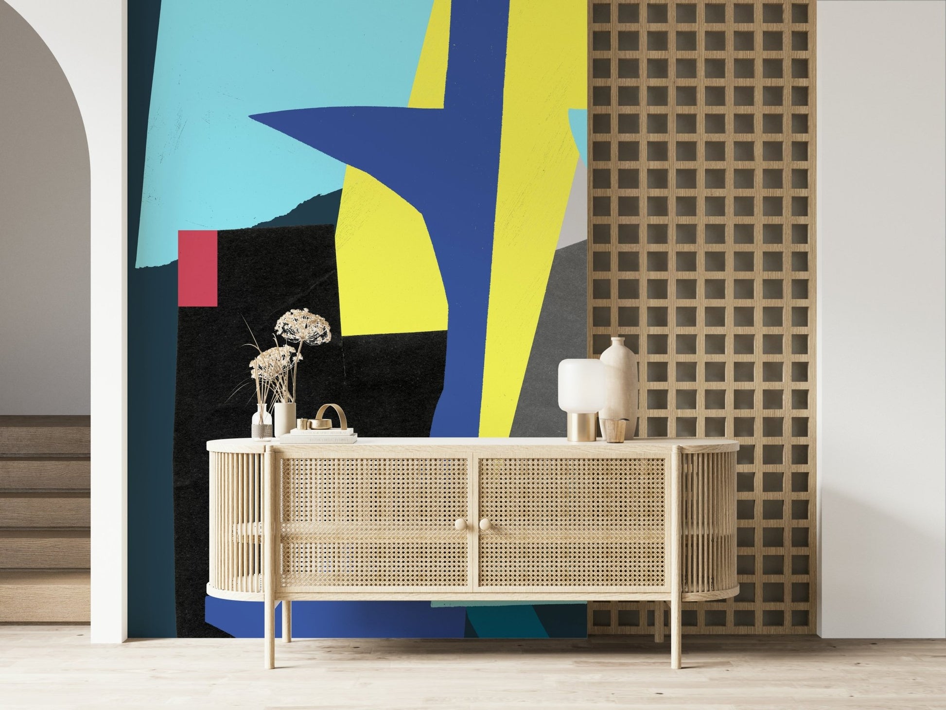 A beautiful modern art wall mural for a living room.