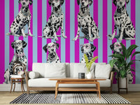 Abstract spotted design wallpaper for walls behind a sleek credenza.