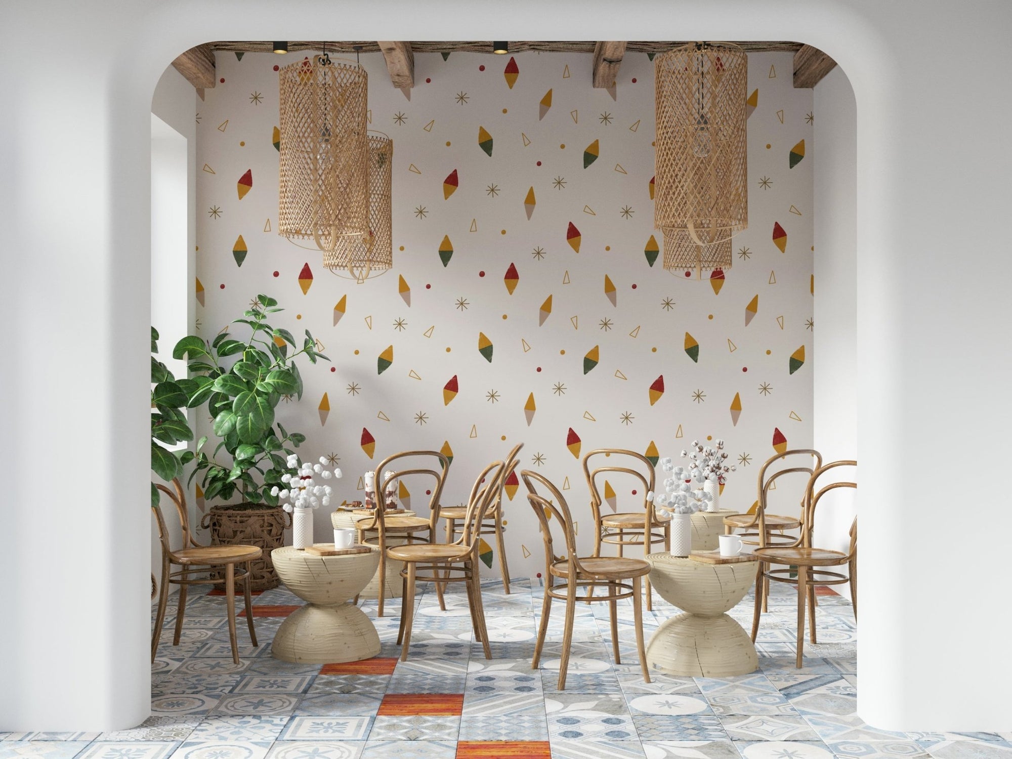 Playful geometric diamond wallpaper complementing a dining room space., GD6538